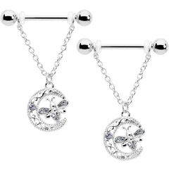 14G 9/16 Clear Gem Lunar Dragonfly Chain Dangle Nipple Ring Set