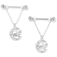 14G 9/16 Clear Gem Lunar Dragonfly Chain Dangle Nipple Ring Set
