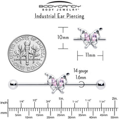14G Pink Gem Fancy Fab Butterfly Industrial Barbell 38mm