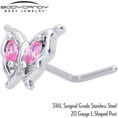 20G 7mm Pink Gem Fancy Fab Butterfly L Shape Nose Ring