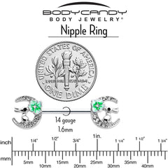 14G 9/16 Clear Gem Rabbit On Moon Flower Green Nipple Ring Set