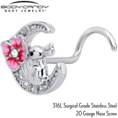 20G 7mm Clear CZ Gem Rabbit On The Moon Pink Left Side Nose Screw