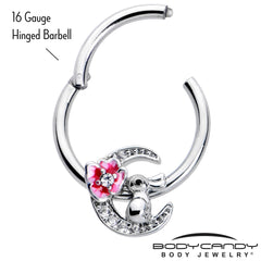 16G 3/8 Clear CZ Gem Rabbit On The Moon Pink Hinged Segment Ring