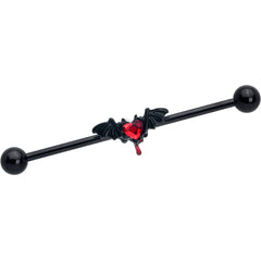 14G Red Gem Black Bleeding Heart Bat Industrial Barbell 38mm