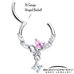 16G 3/8 Pink CZ Gem Butterfly Heart Dangle Hinged Segment Ring