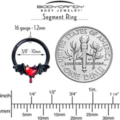 16G 3/8 Red Gem Black Bleeding Heart Bat Hinged Segment Ring