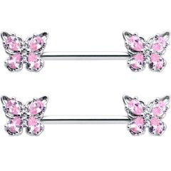 14G 9/16 Pink Gem Baroque Beauty Butterfly Barbell Nipple Ring Set