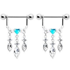 14G 9/16 Blue Gem Heart Triple Drop Dangle Nipple Ring Set