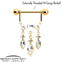 14G 9/16 Clear Gem Gold Tone Heart Triple Dangle Nipple Ring Set