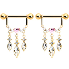 14G 9/16 Pink Gem Gold Tone Heart Triple Dangle Nipple Ring Set
