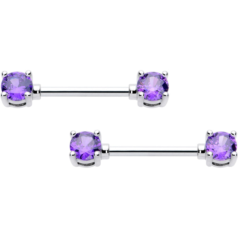 14G 9/16 Purple CZ Gem February Birthstone Nipple Ring Set