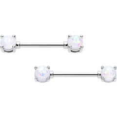 14G 9/16 White Faux Opal October Birthstone Nipple Ring Set