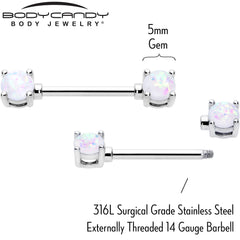 14G 9/16 White Faux Opal October Birthstone Nipple Ring Set