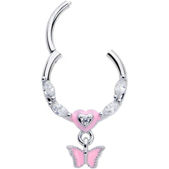 16G 3/8 Clear CZ Gem Luv Butterfly Pink Dangle Hinged Segment Ring