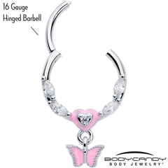 16G 3/8 Clear CZ Gem Luv Butterfly Pink Dangle Hinged Segment Ring