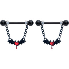 14G 9/16 Red Gem Black Bleeding Heart Bat Dangle Nipple Ring Set