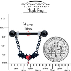 14G 9/16 Red Gem Black Bleeding Heart Bat Dangle Nipple Ring Set