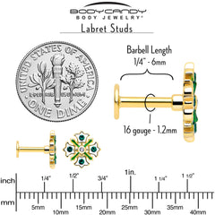 16G 1/4 Green Gem Gold Tone Flower Wreath Flatback Stud