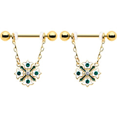 14G 9/16 Green Gem Gold Tone Flower Wreath Dangle Nipple Ring Set