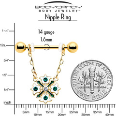 14G 9/16 Green Gem Gold Tone Flower Wreath Dangle Nipple Ring Set