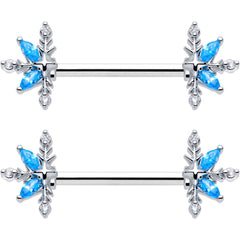 14G 9/16 Blue CZ Gem Classic Flower Barbell Nipple Ring Set
