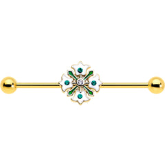 14G Green Gem Gold Tone Flower Wreath Industrial Barbell 38mm