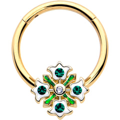 16G 3/8 Green Gem Gold Tone Flower Wreath Hinged Segment Ring