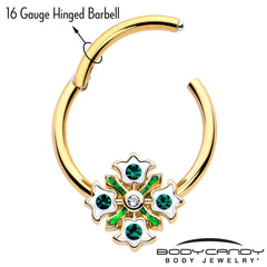 16G 3/8 Green Gem Gold Tone Flower Wreath Hinged Segment Ring