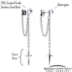 Clear Gem Chain Dangle Cross Stud Earrings