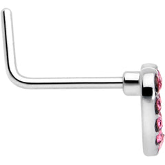 20G 7mm Pink Gem Hollow Paved Heart L Shape Nose Ring