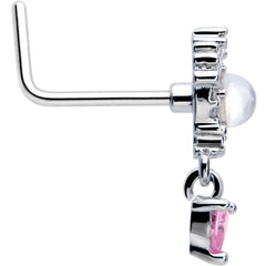 20G 7mm Pink CZ Gem Heart Mystique Dangle L Shape Nose Ring