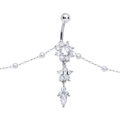 Clear CZ Gem Glamour Flower Faux Pearl Dangle Belly Ring Belly Chain
