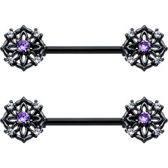 14G 9/16 Purple CZ Gem Black Flower Ring Barbell Nipple Ring Set