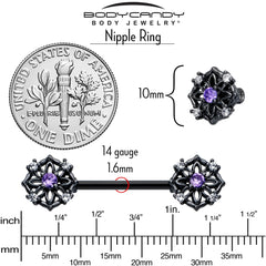 14G 9/16 Purple CZ Gem Black Flower Ring Barbell Nipple Ring Set