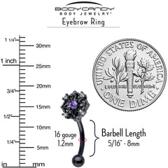 16G 5/16 Purple CZ Gem Black Flower Ring Curved Eyebrow Ring