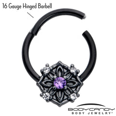16G 3/8 Purple CZ Gem Black Flower Ring Hinged Segment Ring