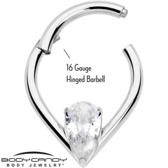 16G CZ Stainless Steel Hinged Segment Ring with Gem Teardrop