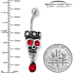 Red Clear CZ Gem Crowned Skull Dangle Belly Ring
