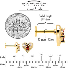 16G 1/4 Red CZ Gem Gold Tone Heart Queen Flatback Stud