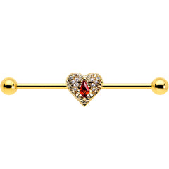 14G Red CZ Gem Gold Tone Heart Queen Industrial Barbell 38mm