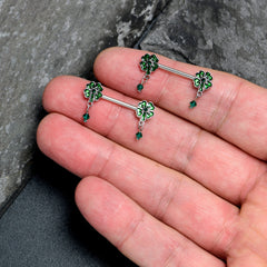 14G 9/16 Green Gem Shamrock Glam St Patricks Dangle Nipple Ring Set