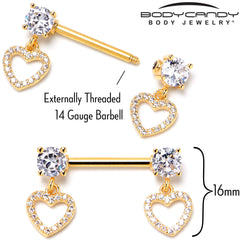14G 9/16 Clear CZ Gem Gold Tone Paved Heart Dangle Nipple Ring Set