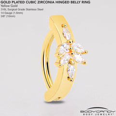 Clear CZ Gem Gold Tone Beauty Branch Hinged Hoop Belly Ring
