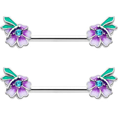 14G 9/16 Blue Gem Faerie Flower Purple Barbell Nipple Ring Set