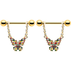14G 9/16 Clear Gem Gold Tone Color Block Butterfly Dangle Nipple Ring Set