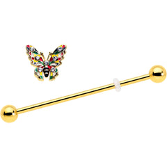 14G Clear Gem Gold Tone Color Block Butterfly Industrial Barbell 38mm