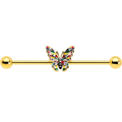 14G Clear Gem Gold Tone Color Block Butterfly Industrial Barbell 38mm