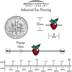 14G Red Green Gem Strawberry Heart Industrial Barbell 38mm