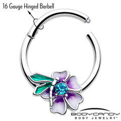 16G 3/8 Blue Gem Faerie Flower Purple Hinged Segment Ring