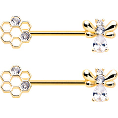 14G 9/16 Clear CZ Gem Gold Tone Bee Hive Luv Barbell Nipple Ring Set
